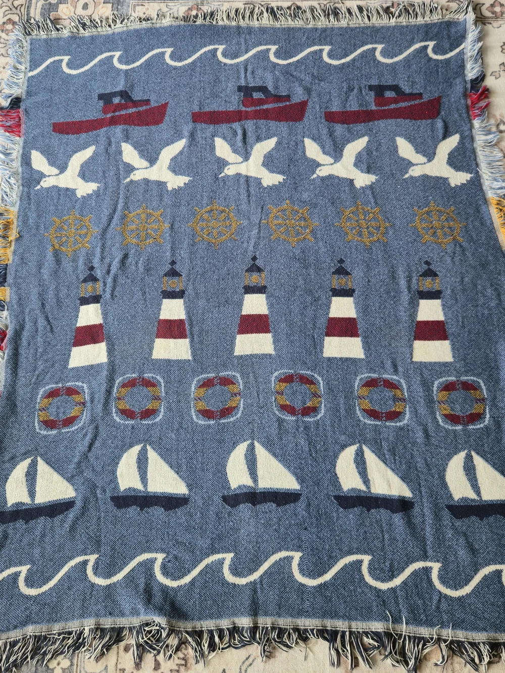 Vintage Nautical Woven Tapestry Throw Blanket 60x47 Coastal Beach Seaside Fringe